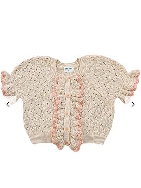 Mabli Cream Knit Ruffle Button Cardigan with Pink Trim. Size 2